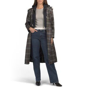AVEC LES FILLES Brown Plaid Raglan Trench Coat With Detachable Bib And Hood